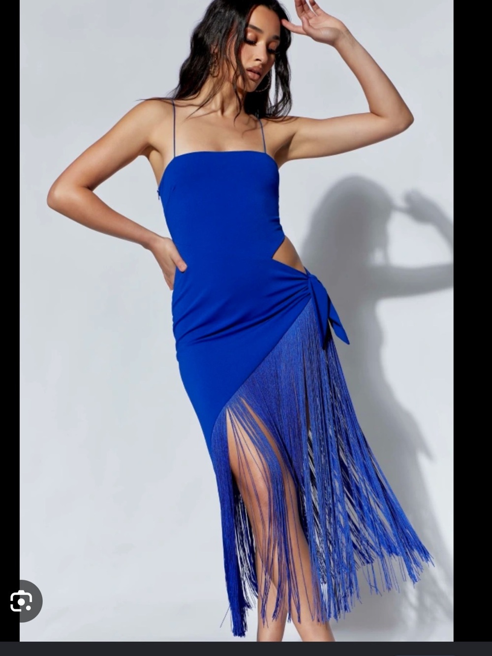 Meshki Persian Blue Wrap Midi Dress with Fringe